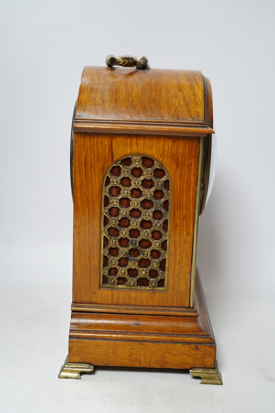 A 19th century mahogany eight day mantel clock with enamel dial and pendulum, 30cm high. Condition - fair, not tested